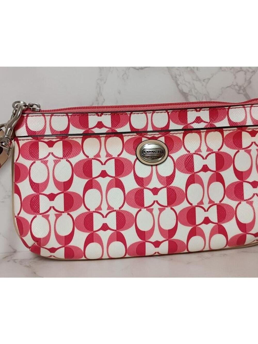 Coach Pink and White Signature Zip Wristlet Clutch